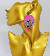 Load image into Gallery viewer, Acrylic Dangling Pink Haired Black Beauty with Flower Head Band Earrings
