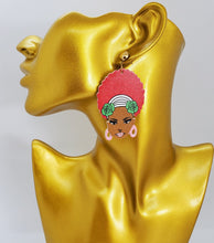 Load image into Gallery viewer, Acrylic Dangling Red Haired Black Beauty with Flower Head Band Earrings
