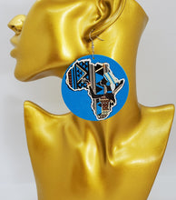 Load image into Gallery viewer, Acrylic Dangling Circle Disc Earrings Blue with African Continent
