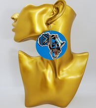 Load image into Gallery viewer, Acrylic Dangling Circle Disc Earrings Blue with African Continent
