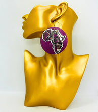 Load image into Gallery viewer, Acrylic Dangling Circle Disc Earrings Purple with African Continent
