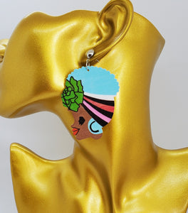 Colorful Wooden Dangling Island Girl with Blue Hair Earrings