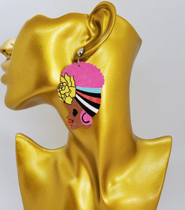 Colorful Wooden Dangling Island Girl with Pink Hair Earrings