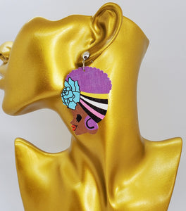 Colorful Wooden Dangling Island Girl with Purple Hair Earrings