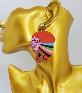 Colorful Wooden Dangling Island Girl with Red Hair Earrings