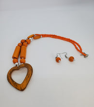 Load image into Gallery viewer, Acrylic Wooden Orange Heart with Silver Necklace and Earrings Set
